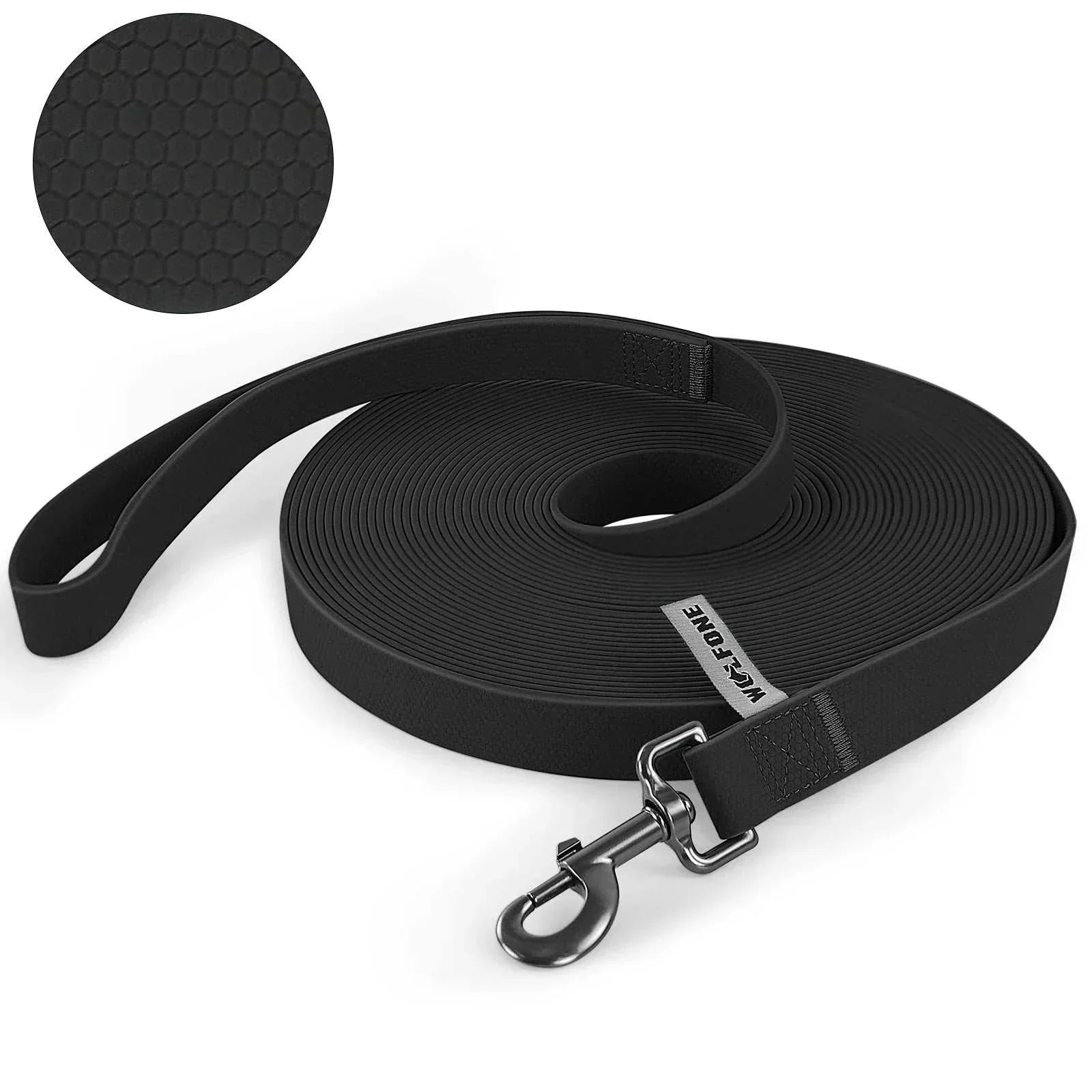 TrailFlex Long Dog Training Leash made of durable PVC, shown in extended length for dog training and outdoor use