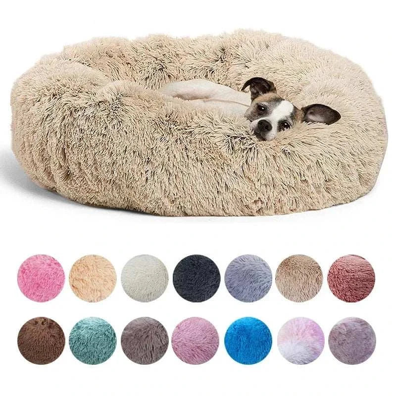 Round plush pet bed for dogs and cats in multiple sizes, warm and soft with non-slip bottom