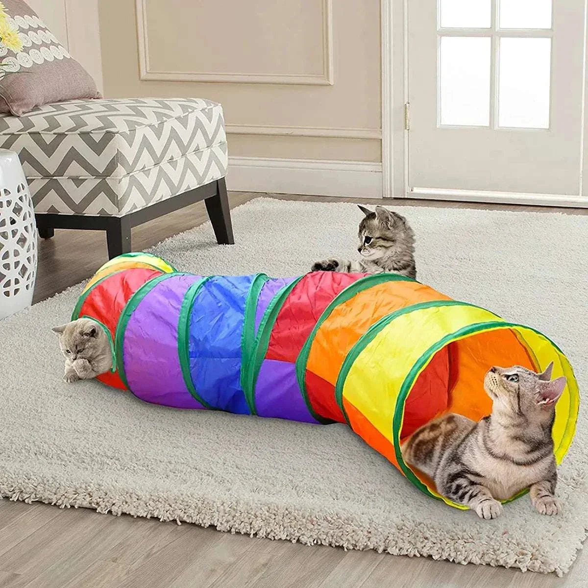 PurrMaze Foldable Cat Tunnel interactive play toy with crinkle fabric and hanging ball for cats and small pets