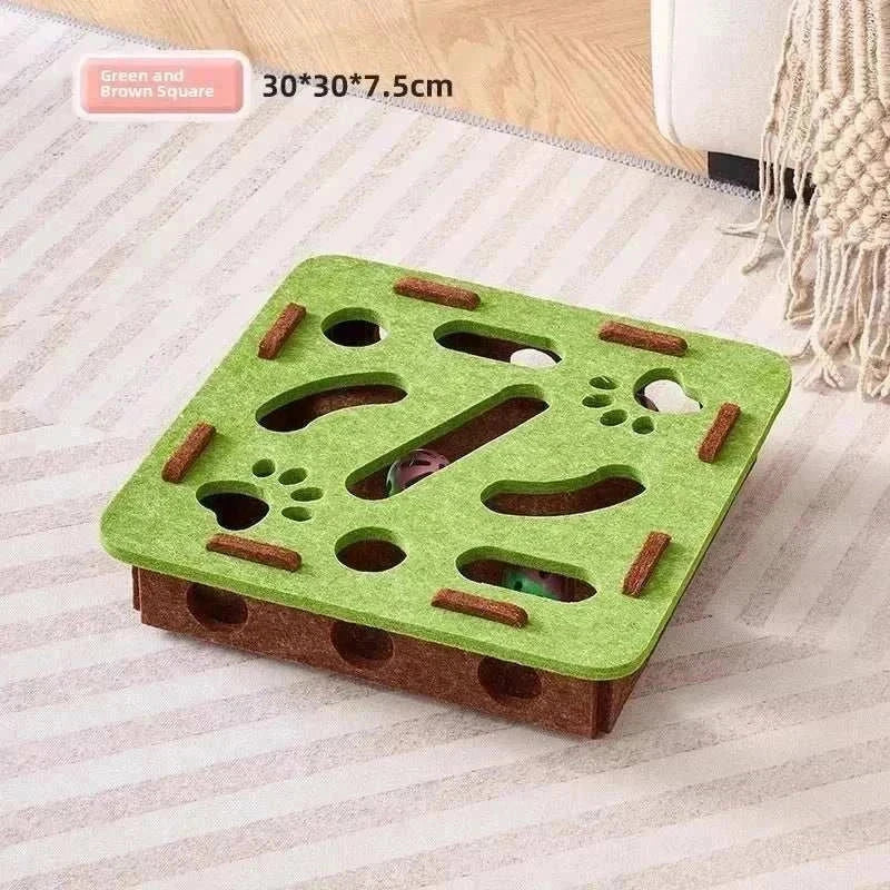 PurrPlay Interactive Cat Puzzle Box made of suede felt with built-in ball toy for indoor cat exercise and mental stimulation