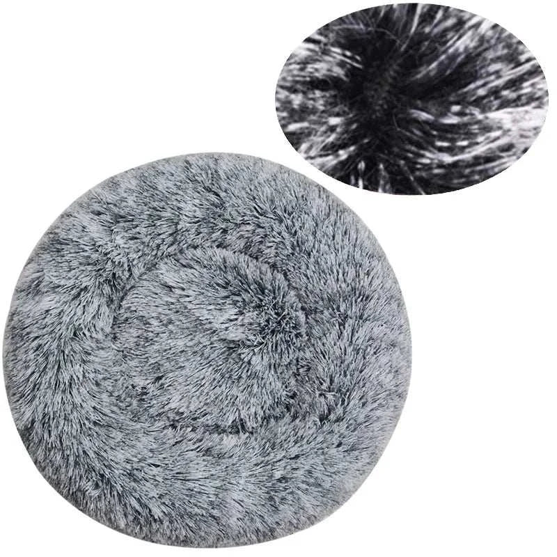 Round plush pet bed for medium and large dogs, super soft and warm winter sleeping bed with non-slip waterproof bottom, available in 6 sizes from 40 to 90 cm.