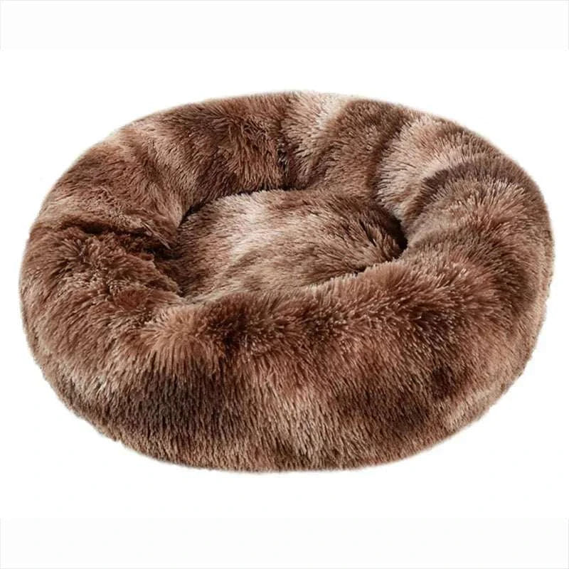 Round plush pet bed for dogs and cats in multiple sizes, super soft and warm winter sleeping house with non-slip waterproof bottom