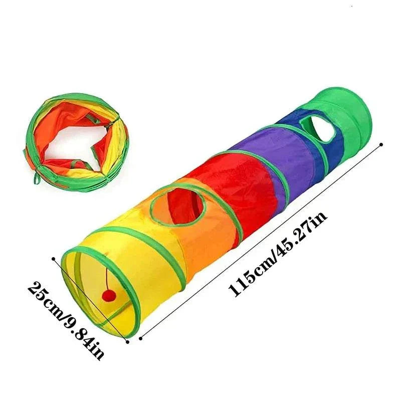 PurrMaze Foldable Cat Tunnel made of durable Oxford cloth with crinkle material and hanging ball toy for interactive play and hiding for cats and small pets.