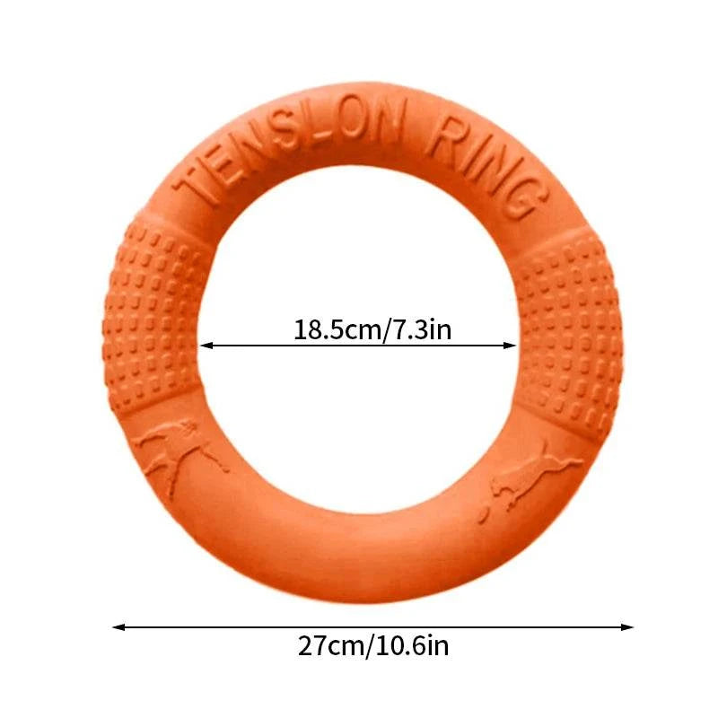 PawzPlay Tug & Fetch Training Ring durable rubber dog toy for fetch and tug-of-war in red, orange, and green colors