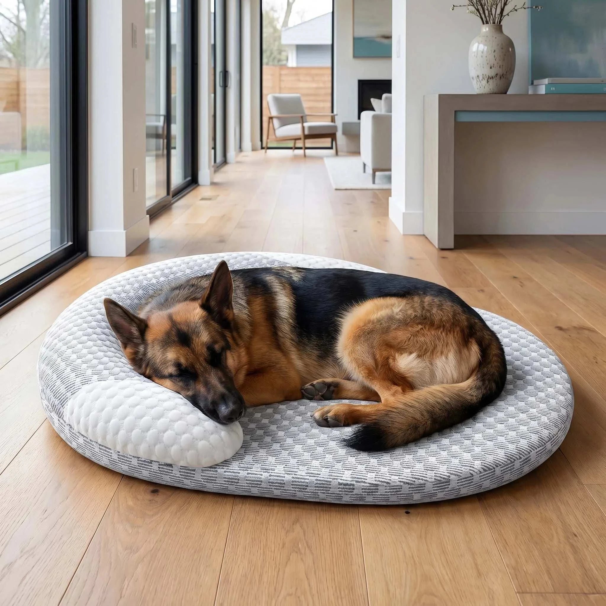 Oval cooling pet bed with breathable fabric and bolstered edges for dogs and cats