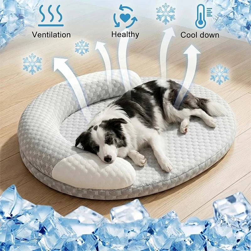 Oval ChillNest Cooling Pet Bed with breathable fabric and bolstered edges for pets