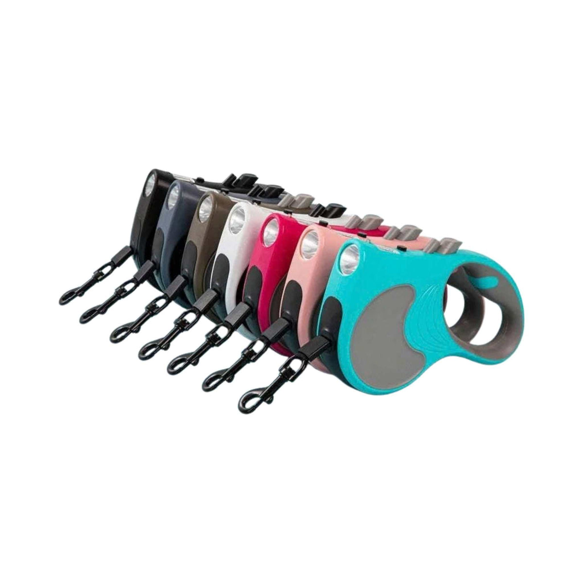LumiPaw retractable dog leashes with LED light in seven colours on a white background