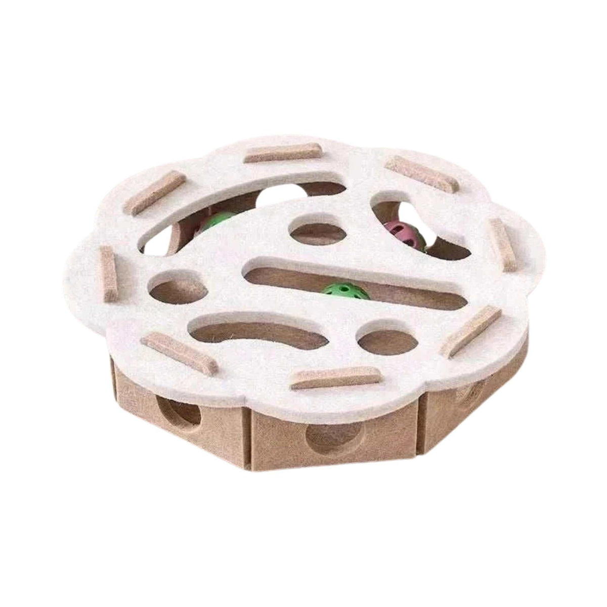 PurrPlay Felt Play & Scratch Box – Camel, Round, on a white background