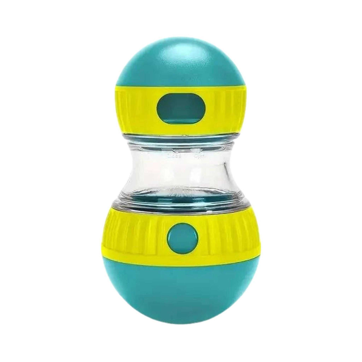 PuzzleTreat treat-dispensing dog toy in blue and yellow on a white background