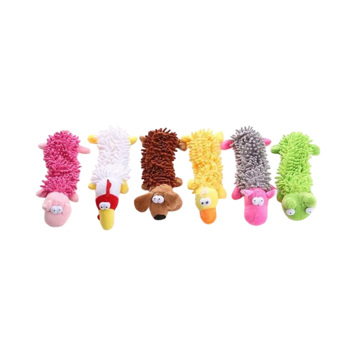 SnuggleSqueak fleece squeaky dog toys in six colours on a white background