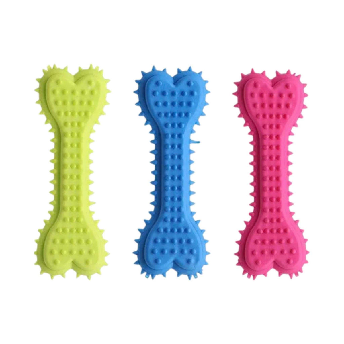 PawzChew squeaky dental chew toys in green, blue and pink on a white background