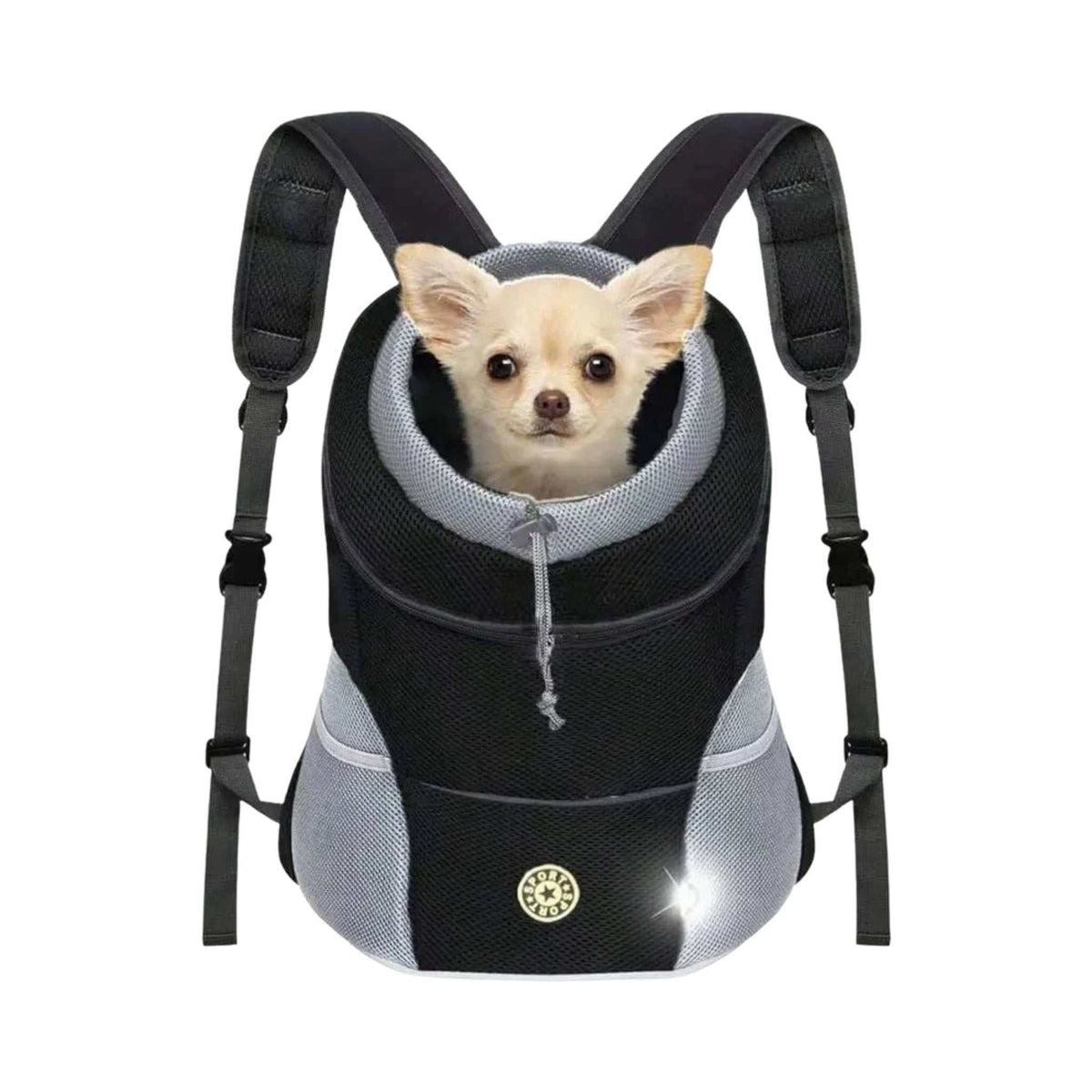 PawVenture front-fold pet carrier backpack in black with a small dog inside, on a white background