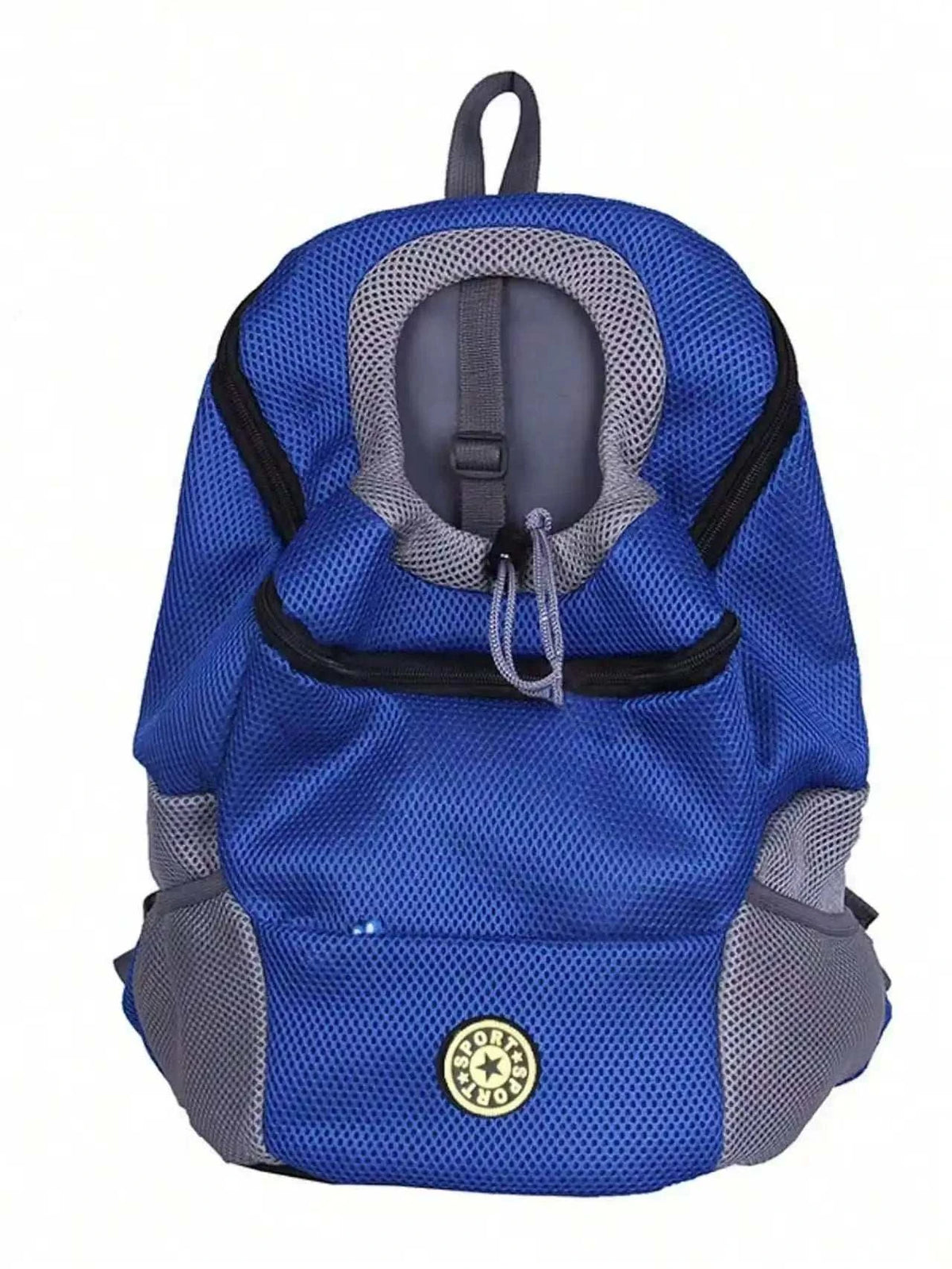 A blue mesh backpack with gray mesh side pockets and a circular gold logo badge on the front pocket, shown against a plain white background.