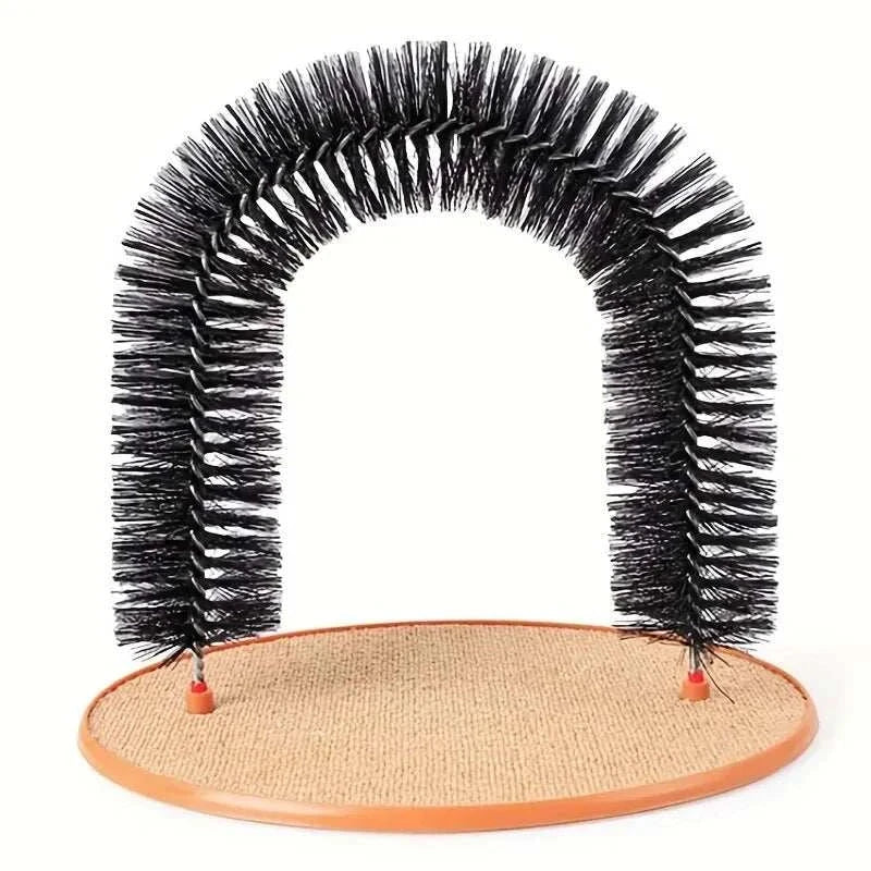 Black PurrSpa self-grooming cat arch with massage brush and scratching pad for cats and kittens