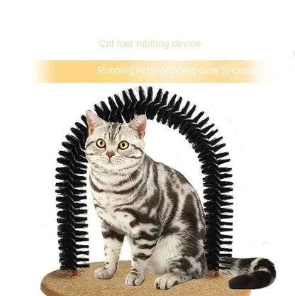 Self-grooming cat arch with massage brush and scratching pad toy for indoor cats