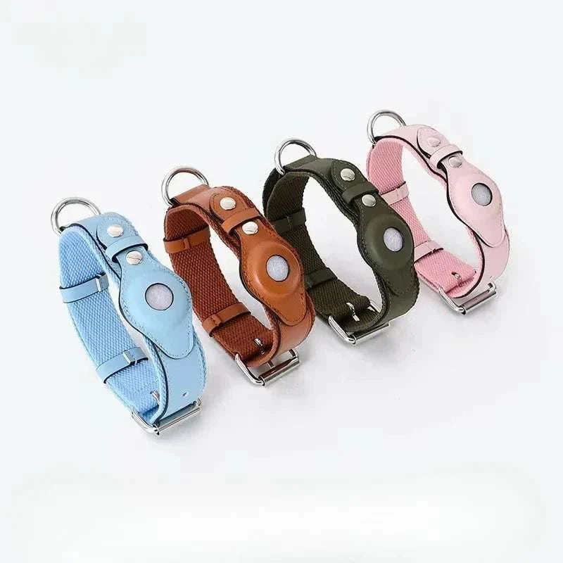 SecureTrack Leather AirTag Collar and matching leash set for dogs with built-in AirTag holder and adjustable buckle