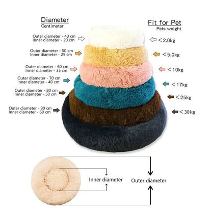 Round plush pet bed for medium and large dogs, super soft and warm winter sleeping bed, available in 6 sizes 40-90cm with non-slip waterproof bottom, machine washable fiber material.
