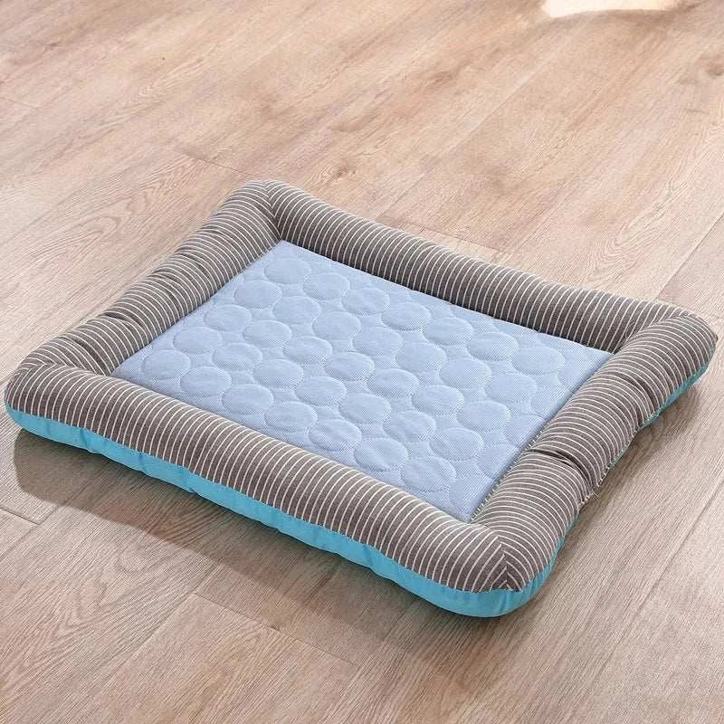 Pink and blue cooling pad beds for dogs and cats with breathable striped cotton material for summer use