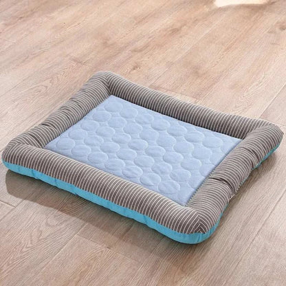 Pink and blue cooling pad beds for dogs and cats with breathable striped cotton material for summer use