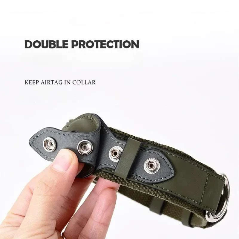 SecureTrack leather dog collar with built-in Apple AirTag holder and matching leather leash set