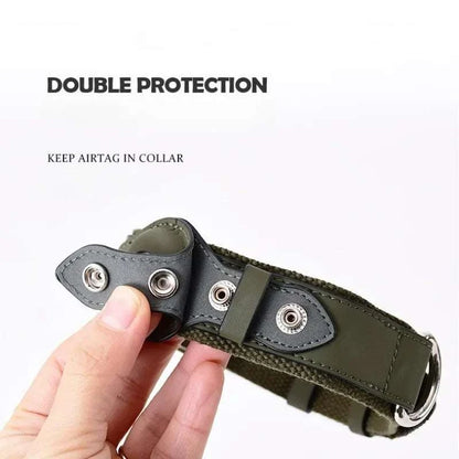 SecureTrack leather dog collar with built-in Apple AirTag holder and matching leather leash set