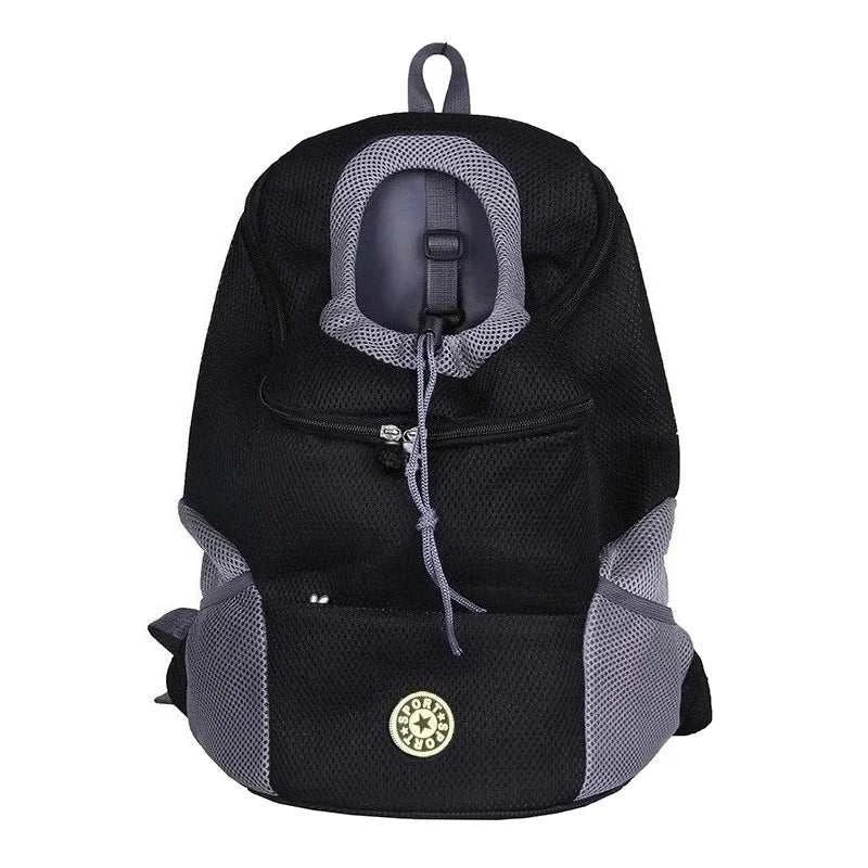 A black mesh backpack with gray mesh side panels and a circular gold logo patch on the front pocket, shown against a plain white background.