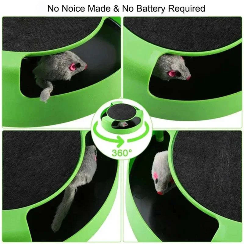 SpinTrack Interactive Cat Toy with spinning turntable and mouse-shaped roller for cat play and mental stimulation