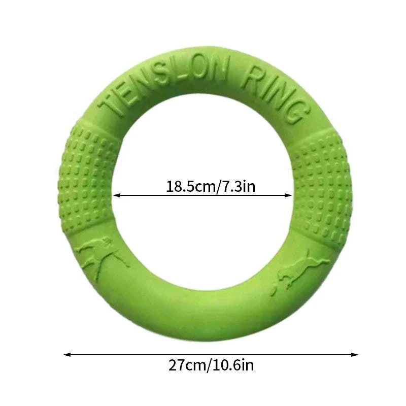 Durable PawzPlay Tug &amp; Fetch Training Ring rubber dog toy for fetch and tug-of-war in red, orange, and green