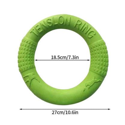 Durable PawzPlay Tug &amp; Fetch Training Ring rubber dog toy for fetch and tug-of-war in red, orange, and green
