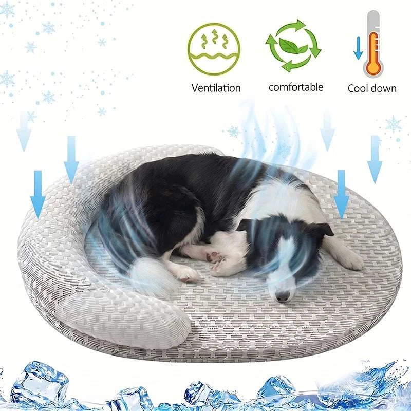Oval cooling pet bed with breathable honeycomb fabric and bolstered edges for dogs and cats