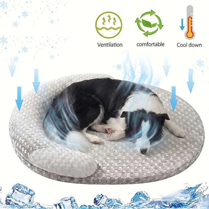 Oval cooling pet bed with breathable honeycomb fabric and bolstered edges for dogs and cats