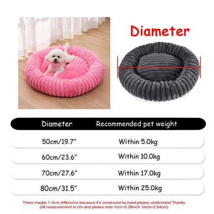 Round plush pet bed in various sizes for dogs and cats, super soft and warm with non-slip bottom