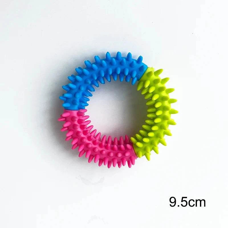 PawzPlay Tug &amp; Fetch Training Ring durable rubber dog toy for fetch and tug-of-war in red, orange, and green colors