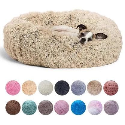 Round plush pet bed for dogs and cats in multiple sizes, warm and soft with non-slip bottom