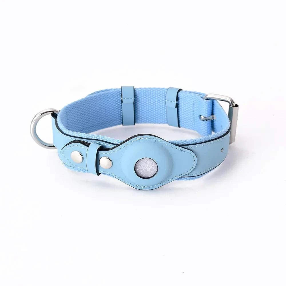 SecureTrack leather dog collar with built-in AirTag holder and matching leash set