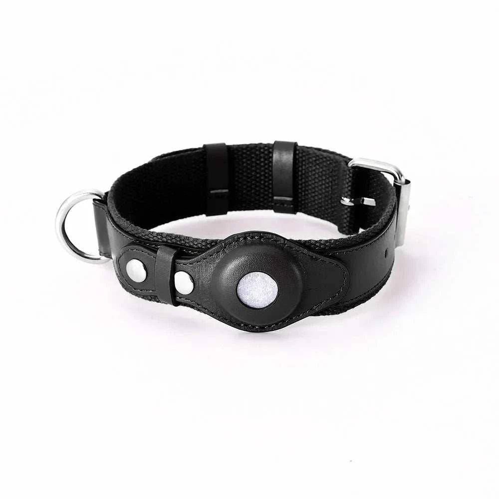 SecureTrack Leather AirTag Collar and matching leash set in black with adjustable buckle and built-in AirTag holder for dogs