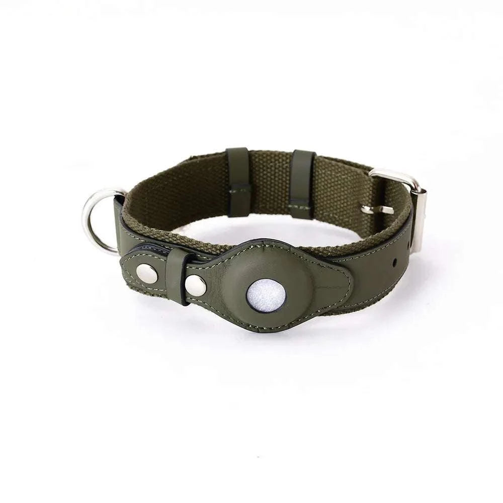 SecureTrack leather AirTag collar and matching leash set for dogs showing durable, adjustable buckle and built-in AirTag holder