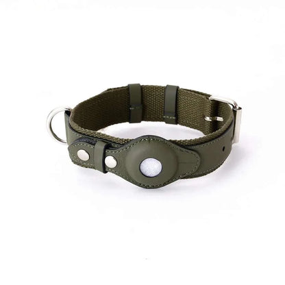SecureTrack leather AirTag collar and matching leash set for dogs showing durable, adjustable buckle and built-in AirTag holder