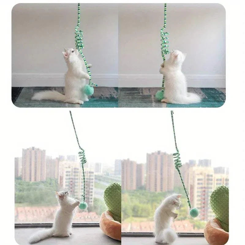 PurrSwing Interactive Cat Teaser Wand with flannelette plush ball and bell hanging from a flexible spring toy designed for cats to jump and play