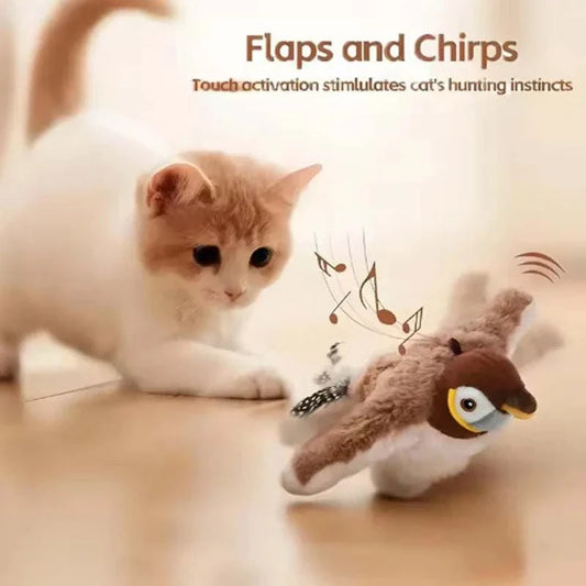 FlappyBird Interactive Cat Toy plush bird with chirping sound and flapping wings, touch-activated and rechargeable for indoor cats