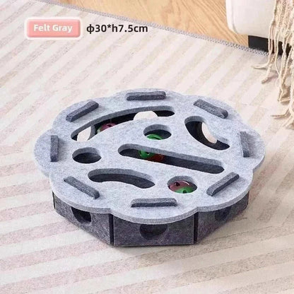 PurrPlay Interactive Cat Puzzle Box made of suede felt with built-in ball toy for indoor cat mental stimulation and exercise