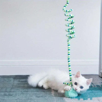 PurrSwing Interactive Cat Teaser Wand with plush ball and bell on flexible spring for active indoor cat play