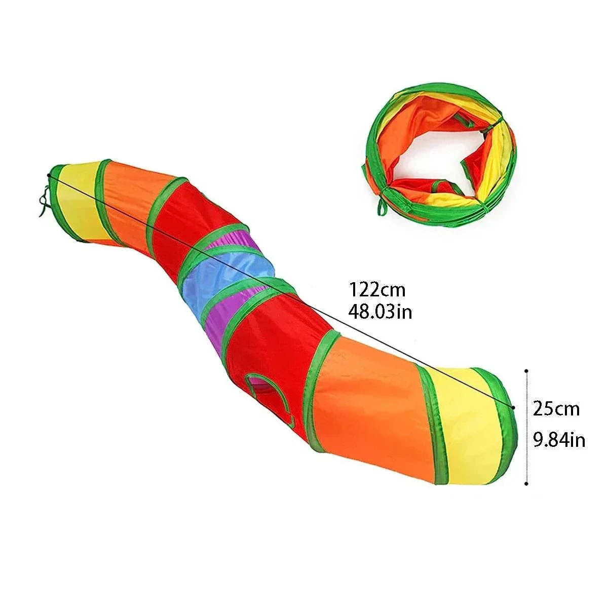 PurrMaze Foldable Cat Tunnel made of durable Oxford cloth with crinkle material and hanging ball toy for interactive indoor and outdoor play.