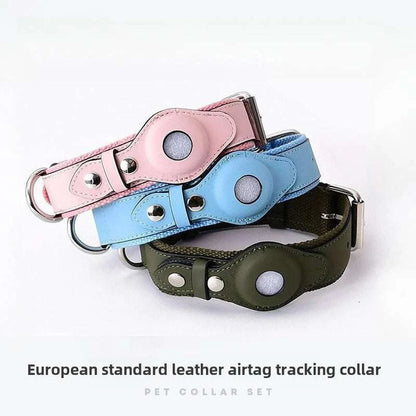 SecureTrack Leather AirTag Collar and matching leash set in durable leather with adjustable buckle and built-in AirTag holder