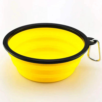 FoldAway Travel Pet Bowl collapsible for dogs and cats with carabiner clip in blue, green, black, and yellow colors
