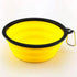 FoldAway Travel Pet Bowl collapsible for dogs and cats with carabiner clip in blue, green, black, and yellow colors