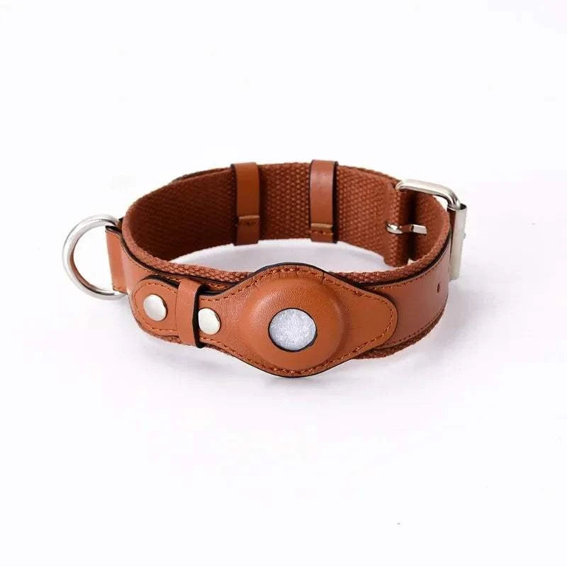 SecureTrack Leather AirTag Collar and matching leather leash set for dogs with built-in AirTag holder and adjustable buckle