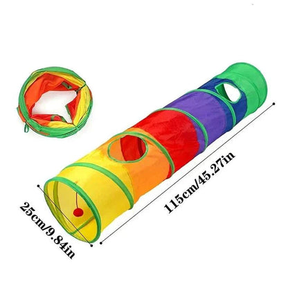 PurrMaze Foldable Cat Tunnel made of durable Oxford cloth with crinkle material and hanging ball toy for interactive play and hiding for cats and small pets.