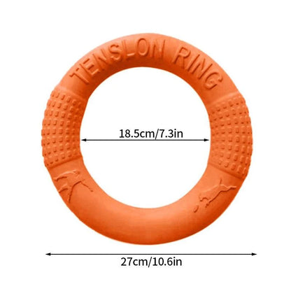 PawzPlay Tug &amp; Fetch Training Ring durable rubber dog toy for fetch and tug-of-war in red, orange, and green colors