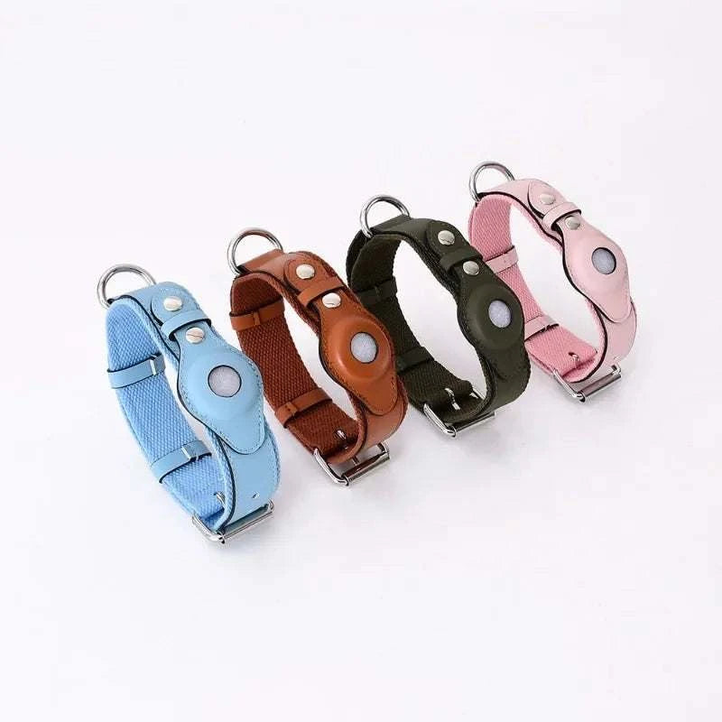 SecureTrack Leather AirTag Collar and matching leather leash set for dogs with built-in AirTag holder and adjustable buckle